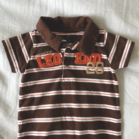 Knit polo short romper by child of mine. Brown stripe. - Picture 2 of 5